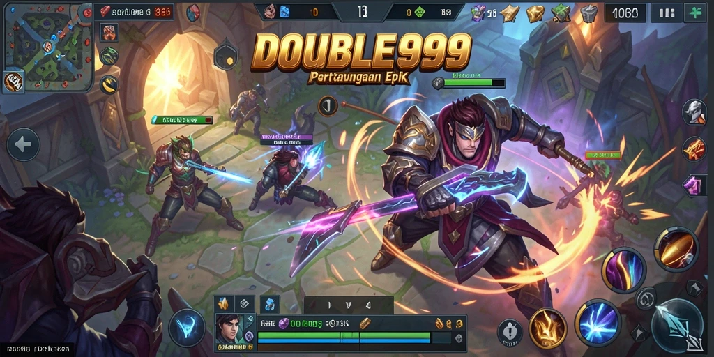 Screenshot utama DOUBLE999 menampilkan aksi pertempuran seru dalam permainan MOBA.