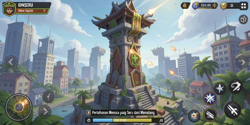 Tampilan gameplay yang mendebarkan di IDNSERU, menampilkan menara dan musuh.