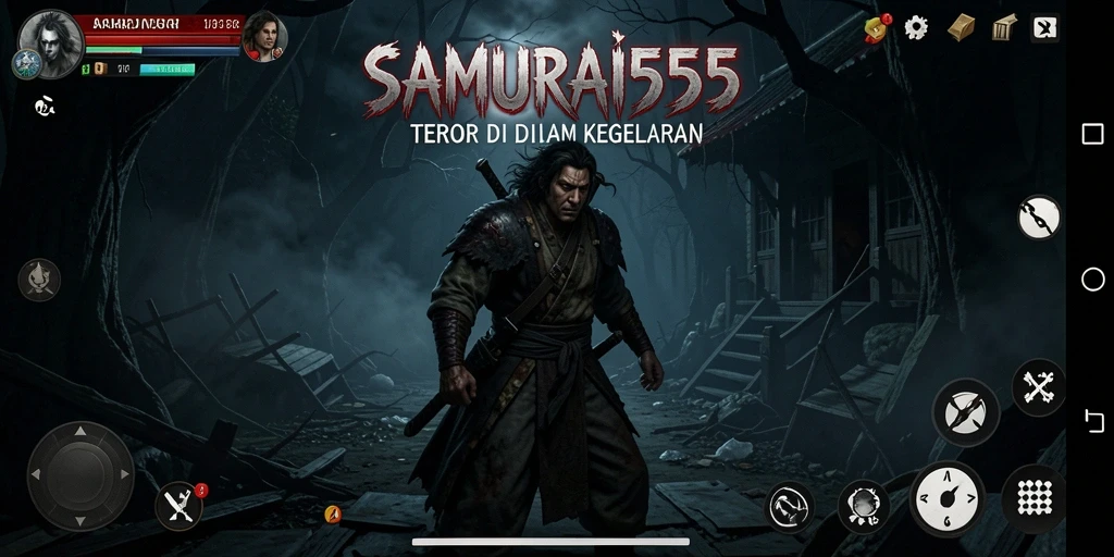 Screenshot gameplay SAMURAI555 yang menegangkan dan penuh kengerian.